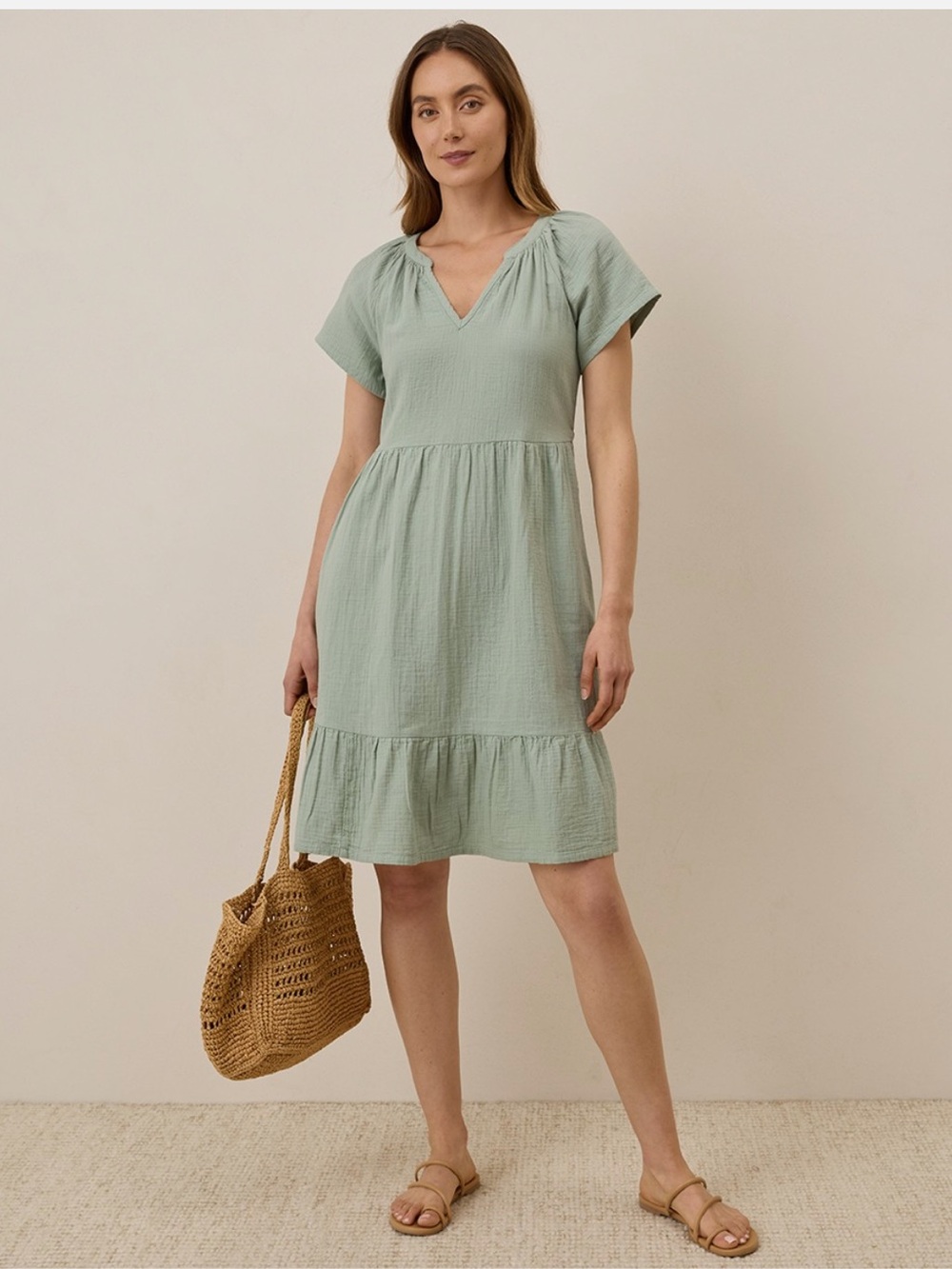 V-Neck Sage Tiered Mini Dress